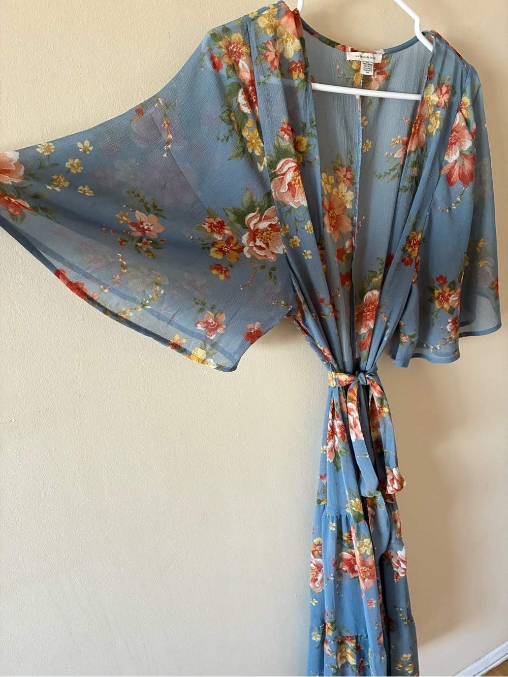 American Eagle dusty blue floral ruffle duster cardigan kimono with tie